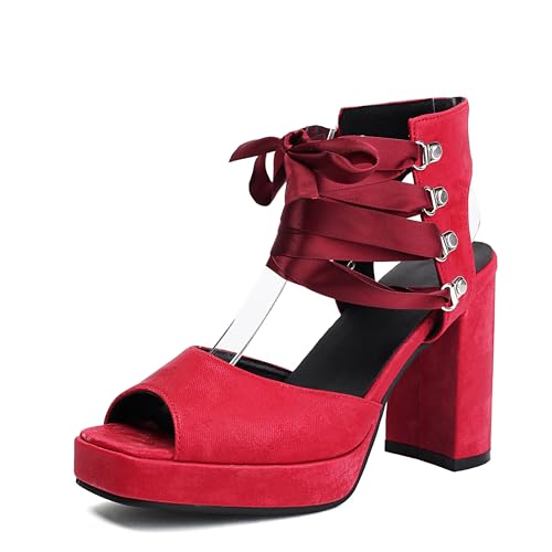 Lroey Reoly Damen Hohen Blockabsatz Sandals mit Plateau Square Toe Party Schuhe Ls1014 Rot Gr 44 EU von Lroey Reoly