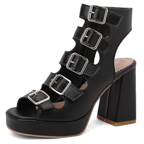 Lroey Reoly Damen Hohen Blockabsatz Sandals mit Plateau Square Toe Party Schuhe Ls1063 Schwarz Gr 46 EU von Lroey Reoly