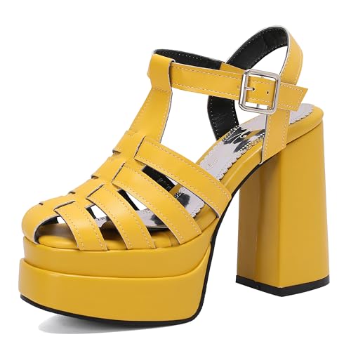 Lroey Reoly Damen Hohen Blockabsatz Sandals mit Plateau Square Toe Party Schuhe Ls1071 Gelb Gr 49 EU von Lroey Reoly