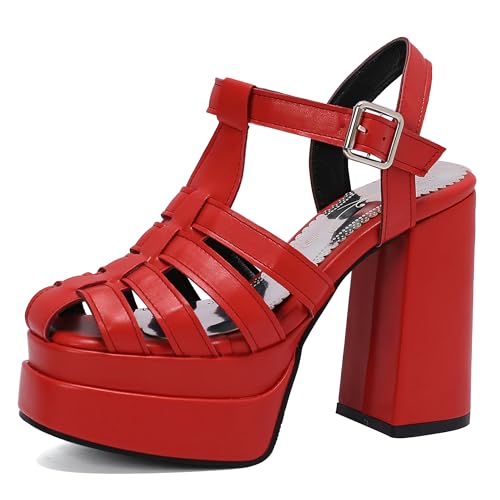 Lroey Reoly Damen Hohen Blockabsatz Sandals mit Plateau Square Toe Party Schuhe Ls1071 Rot Gr 49 EU von Lroey Reoly