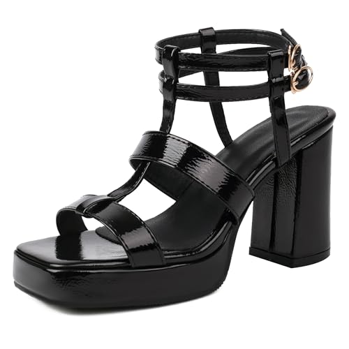 Lroey Reoly Damen Hohen Blockabsatz Sandals mit Plateau Square Toe Party Schuhe Ls1079 Schwarz Gr 38 EU von Lroey Reoly