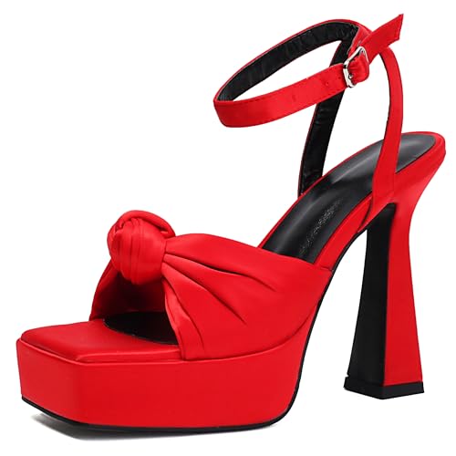 Lroey Reoly Damen Hohen Blockabsatz Sandals mit Plateau Square Toe Party Schuhe Ls864 Rot Gr 34 EU von Lroey Reoly