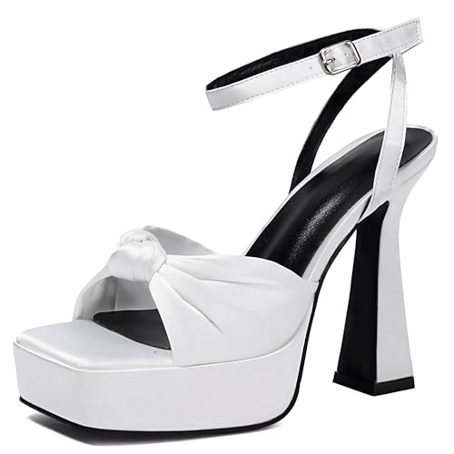 Lroey Reoly Damen Hohen Blockabsatz Sandals mit Plateau Square Toe Party Schuhe Ls864 Weiß Gr 36 EU von Lroey Reoly