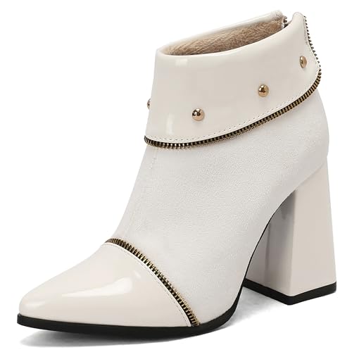 Lroey Reoly Damen Hohen Blockabsatz Stiefeletten Pointed Toe Daily Dx930 Weiß Gr 44 EU von Lroey Reoly