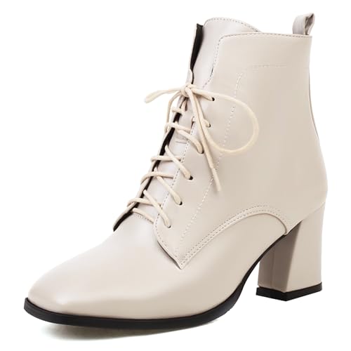 Lroey Reoly Damen Hohen Blockabsatz Stiefeletten Square Toe Kleid Stiefeletten Dx959 Beige Gr 41 EU von Lroey Reoly