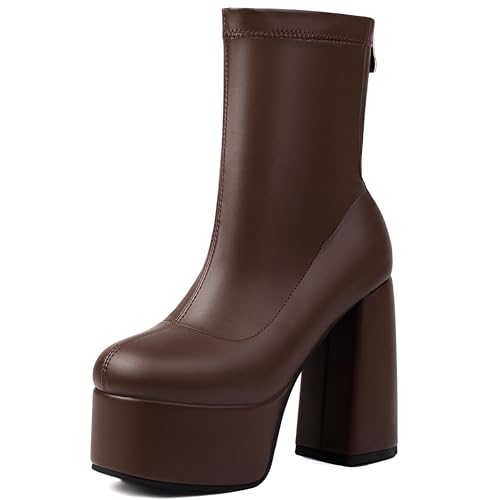 Lroey Reoly Damen Hohen Blockabsatz Stiefeletten mit Plateau Runde Zehen Abend Dx946 Braun Gr 48 EU von Lroey Reoly