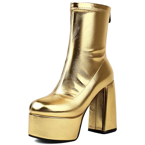 Lroey Reoly Damen Hohen Blockabsatz Stiefeletten mit Plateau Runde Zehen Abend Dx946 Gold Gr 42 EU von Lroey Reoly