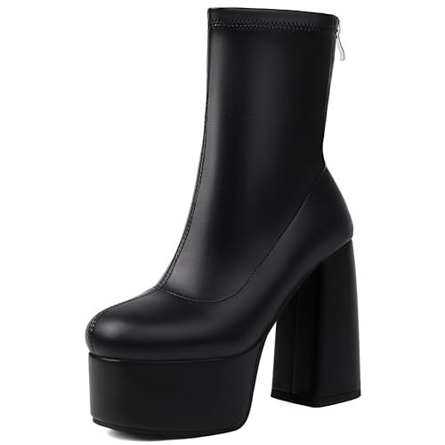 Lroey Reoly Damen Hohen Blockabsatz Stiefeletten mit Plateau Runde Zehen Abend Dx946 Schwarz Gr 37 EU von Lroey Reoly
