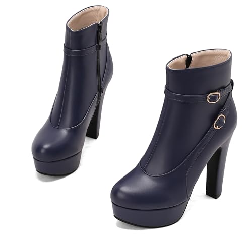 Lroey Reoly Damen Hohen Blockabsatz Stiefeletten mit Plateau Runde Zehen Abend Dx967 Blau Gr 39 EU von Lroey Reoly