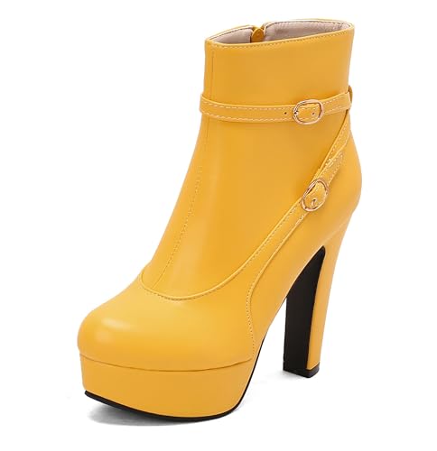 Lroey Reoly Damen Hohen Blockabsatz Stiefeletten mit Plateau Runde Zehen Abend Dx967 Gelb Gr 40 EU von Lroey Reoly