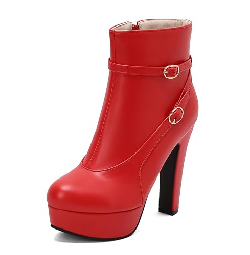 Lroey Reoly Damen Hohen Blockabsatz Stiefeletten mit Plateau Runde Zehen Abend Dx967 Rot Gr 48 EU von Lroey Reoly