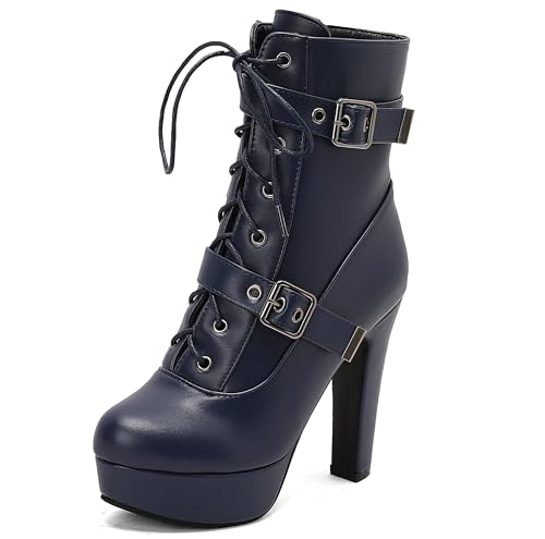 Lroey Reoly Damen Hohen Blockabsatz Stiefeletten mit Plateau Runde Zehen Abend Dx969 Blau Gr 48 EU von Lroey Reoly