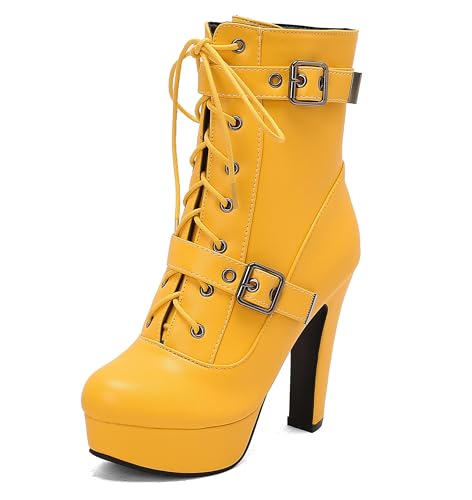 Lroey Reoly Damen Hohen Blockabsatz Stiefeletten mit Plateau Runde Zehen Abend Dx969 Gelb Gr 46 EU von Lroey Reoly