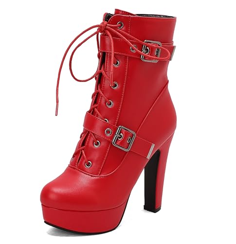 Lroey Reoly Damen Hohen Blockabsatz Stiefeletten mit Plateau Runde Zehen Abend Dx969 Rot Gr 40 EU von Lroey Reoly