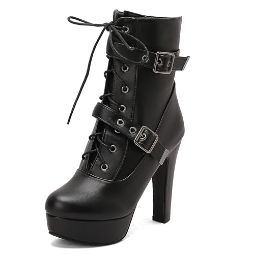 Lroey Reoly Damen Hohen Blockabsatz Stiefeletten mit Plateau Runde Zehen Abend Dx969 Schwarz Gr 35 EU von Lroey Reoly