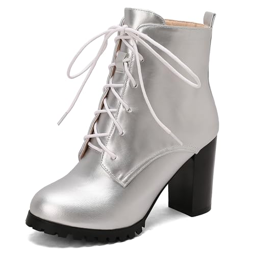 Lroey Reoly Damen Hohen Blockabsatz Stiefeletten mit Plateau Runde Zehen Daily Dx929 Silber Gr 43 EU von Lroey Reoly