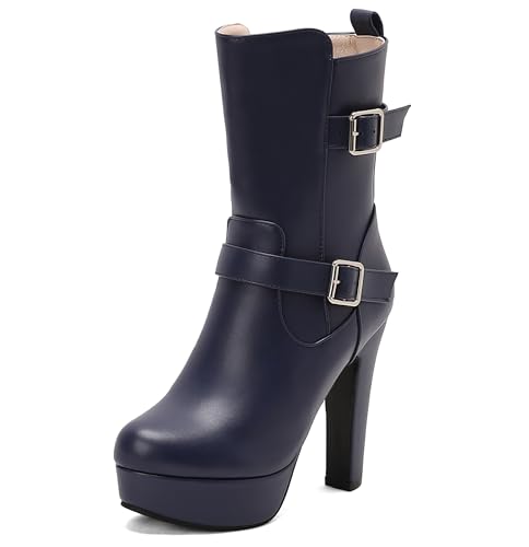 Lroey Reoly Damen Hohen Blockabsatz Stiefeletten mit Plateau Runde Zehen Daily Dx965 Blau Gr 41 EU von Lroey Reoly