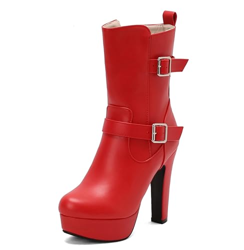 Lroey Reoly Damen Hohen Blockabsatz Stiefeletten mit Plateau Runde Zehen Daily Dx965 Rot Gr 39 EU von Lroey Reoly