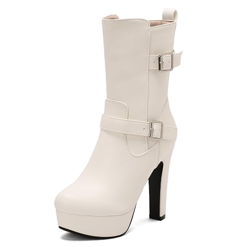 Lroey Reoly Damen Hohen Blockabsatz Stiefeletten mit Plateau Runde Zehen Daily Dx965 Weiß Gr 38 EU von Lroey Reoly