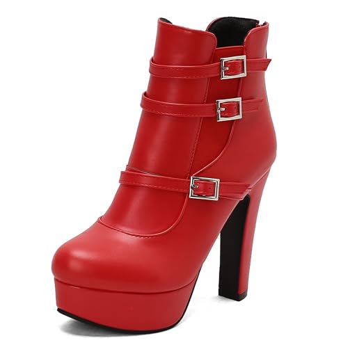 Lroey Reoly Damen Hohen Blockabsatz Stiefeletten mit Plateau Runde Zehen Daily Dx966 Rot Gr 42 EU von Lroey Reoly
