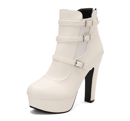 Lroey Reoly Damen Hohen Blockabsatz Stiefeletten mit Plateau Runde Zehen Daily Dx966 Weiß Gr 41 EU von Lroey Reoly