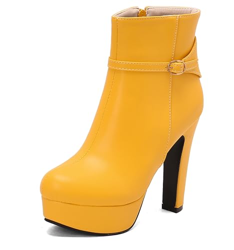 Lroey Reoly Damen Hohen Blockabsatz Stiefeletten mit Plateau Runde Zehen Daily Dx968 Gelb Gr 45 EU von Lroey Reoly