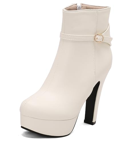 Lroey Reoly Damen Hohen Blockabsatz Stiefeletten mit Plateau Runde Zehen Daily Dx968 Weiß Gr 39 EU von Lroey Reoly