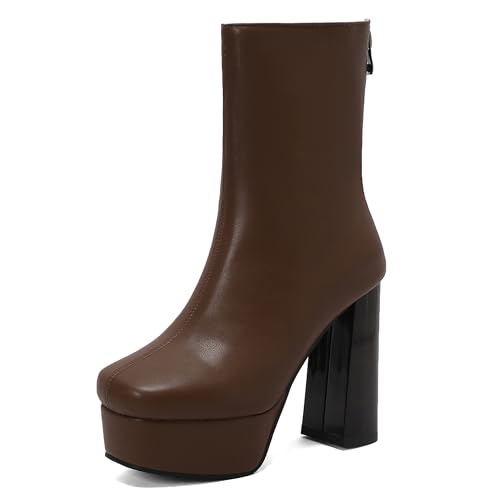 Lroey Reoly Damen Hohen Blockabsatz Stiefeletten mit Plateau Square Toe Daily Dx943 Braun Gr 37 EU von Lroey Reoly