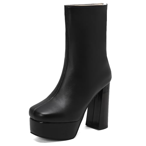 Lroey Reoly Damen Hohen Blockabsatz Stiefeletten mit Plateau Square Toe Daily Dx943 Schwarz Gr 36 EU von Lroey Reoly