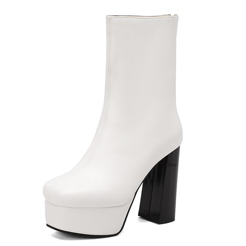 Lroey Reoly Damen Hohen Blockabsatz Stiefeletten mit Plateau Square Toe Daily Dx943 Weiß Gr 43 EU von Lroey Reoly