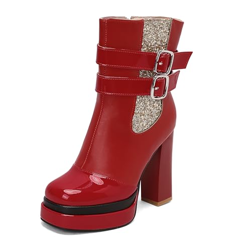 Lroey Reoly Damen Hohen Blockabsatz Stiefeletten mit Plateau Square Toe Party Dx936 Rot Gr 38 EU von Lroey Reoly