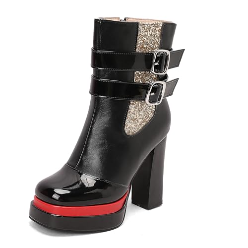 Lroey Reoly Damen Hohen Blockabsatz Stiefeletten mit Plateau Square Toe Party Dx936 Schwarz Gr 37 EU von Lroey Reoly