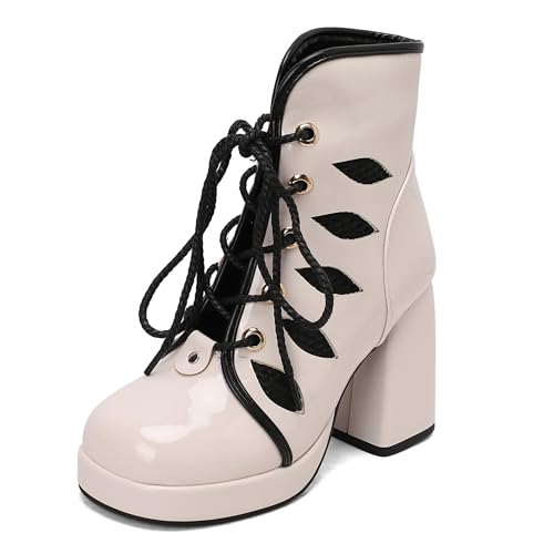 Lroey Reoly Damen Hohen Blockabsatz Stiefeletten mit Plateau Square Toe Party Dx937 Beige Gr 39 EU von Lroey Reoly