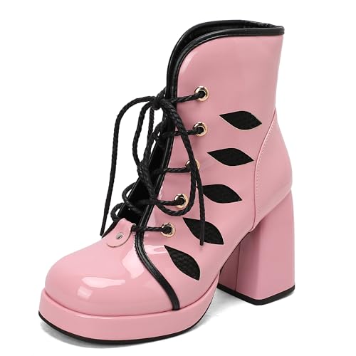 Lroey Reoly Damen Hohen Blockabsatz Stiefeletten mit Plateau Square Toe Party Dx937 Pink Gr 36 EU von Lroey Reoly