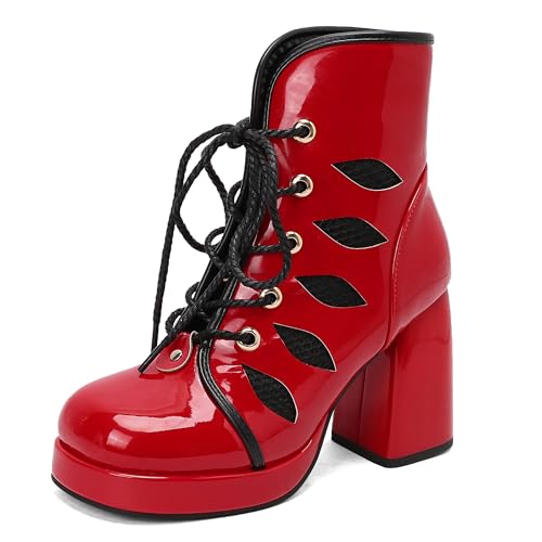 Lroey Reoly Damen Hohen Blockabsatz Stiefeletten mit Plateau Square Toe Party Dx937 Rot Gr 36 EU von Lroey Reoly