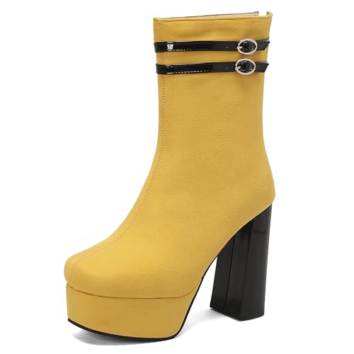 Lroey Reoly Damen Hohen Blockabsatz Stiefeletten mit Plateau Square Toe Party Dx944 Gelb Gr 40 EU von Lroey Reoly
