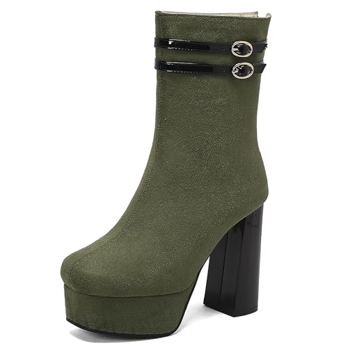 Lroey Reoly Damen Hohen Blockabsatz Stiefeletten mit Plateau Square Toe Party Dx944 Grün Gr 34 EU von Lroey Reoly