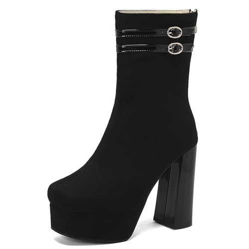 Lroey Reoly Damen Hohen Blockabsatz Stiefeletten mit Plateau Square Toe Party Dx944 Schwarz Gr 38 EU von Lroey Reoly