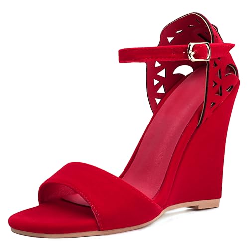 Lroey Reoly Damen Hohen Keilabsatz Sandals Runde Zehen Abendschuhe Ls791 Rot Gr 44 EU von Lroey Reoly