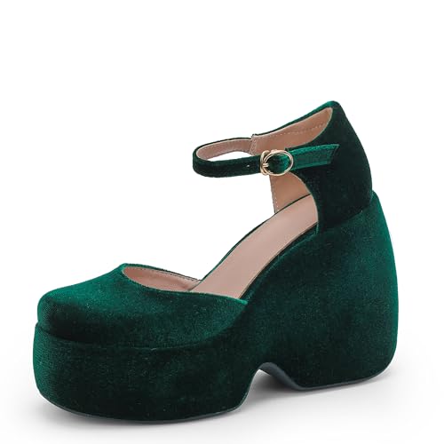 Lroey Reoly Damen Hohen Keilabsatz Sandals mit Plateau Runde Zehen Abendschuhe Ls797 Dark-Grün Gr 41 EU von Lroey Reoly