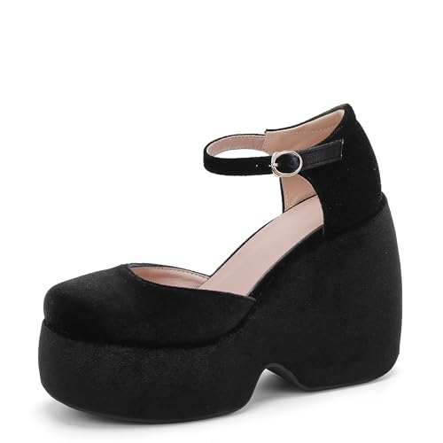 Lroey Reoly Damen Hohen Keilabsatz Sandals mit Plateau Runde Zehen Abendschuhe Ls797 Schwarz Gr 39 EU von Lroey Reoly