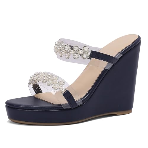 Lroey Reoly Damen Hohen Keilabsatz Sandals mit Plateau Runde Zehen Daily Schuhe Ls1069 Blau Gr 48 EU von Lroey Reoly