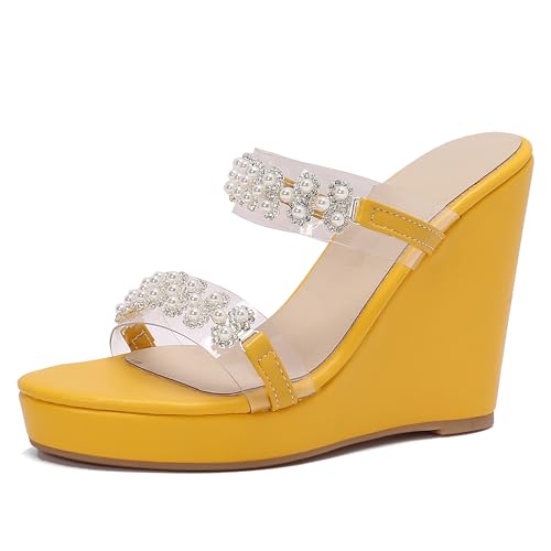 Lroey Reoly Damen Hohen Keilabsatz Sandals mit Plateau Runde Zehen Daily Schuhe Ls1069 Gelb Gr 41 EU von Lroey Reoly