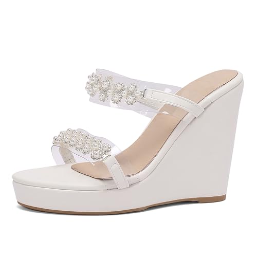 Lroey Reoly Damen Hohen Keilabsatz Sandals mit Plateau Runde Zehen Daily Schuhe Ls1069 Weiß Gr 48 EU von Lroey Reoly