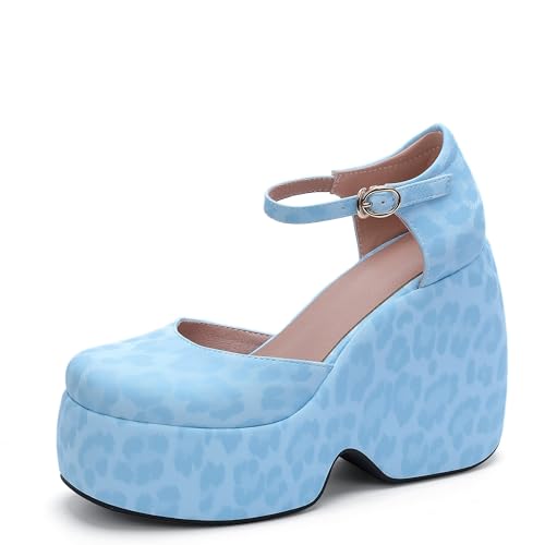Lroey Reoly Damen Hohen Keilabsatz Sandals mit Plateau Runde Zehen Daily Schuhe Ls796 Blau Gr 42 EU von Lroey Reoly