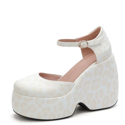Lroey Reoly Damen Hohen Keilabsatz Sandals mit Plateau Runde Zehen Daily Schuhe Ls796 Weiß Gr 42 EU von Lroey Reoly
