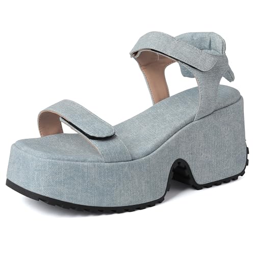 Lroey Reoly Damen Hohen Keilabsatz Sandals mit Plateau Square Toe Daily Schuhe Ls798 Light-Blau Gr 37 EU von Lroey Reoly