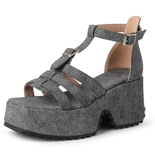 Lroey Reoly Damen Hohen Keilabsatz Sandals mit Plateau Square Toe Daily Schuhe Ls801 Grau Gr 40 EU von Lroey Reoly