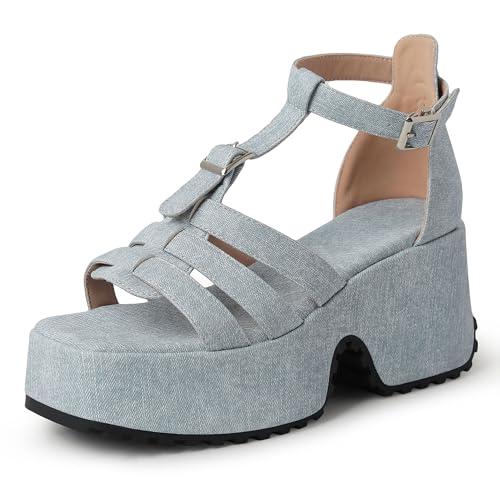Lroey Reoly Damen Hohen Keilabsatz Sandals mit Plateau Square Toe Daily Schuhe Ls801 Light-Blau Gr 41 EU von Lroey Reoly