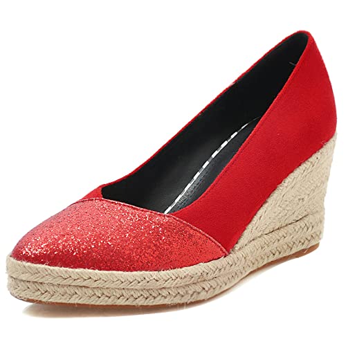 Lroey Reoly Damen Keilabsatz Espadrilles, Höhe Ferse Pumpe Pointed Toe Schnalle Party Schuhe mit Plateau Pailletten Leisure Vnimoo Rot Gr 35 EU von Lroey Reoly